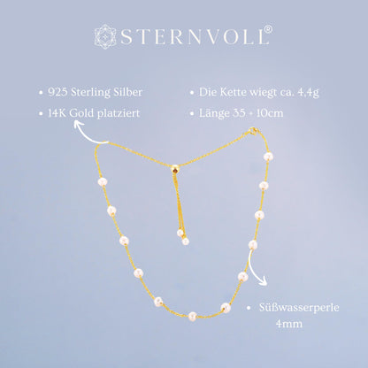 Sternvoll® Damen Halskette aus 925 Sterling Silber mit Süßwasserperlen | Perlenkette mit verstellbarem Kettenregler 35+10 cm | 2 in 1 Perlenchoker und - kette (Gold) - Sternvoll Jewelry